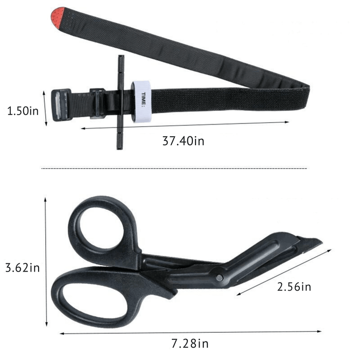 A black tourniquet and black medical scissors with measurements provided for each item.