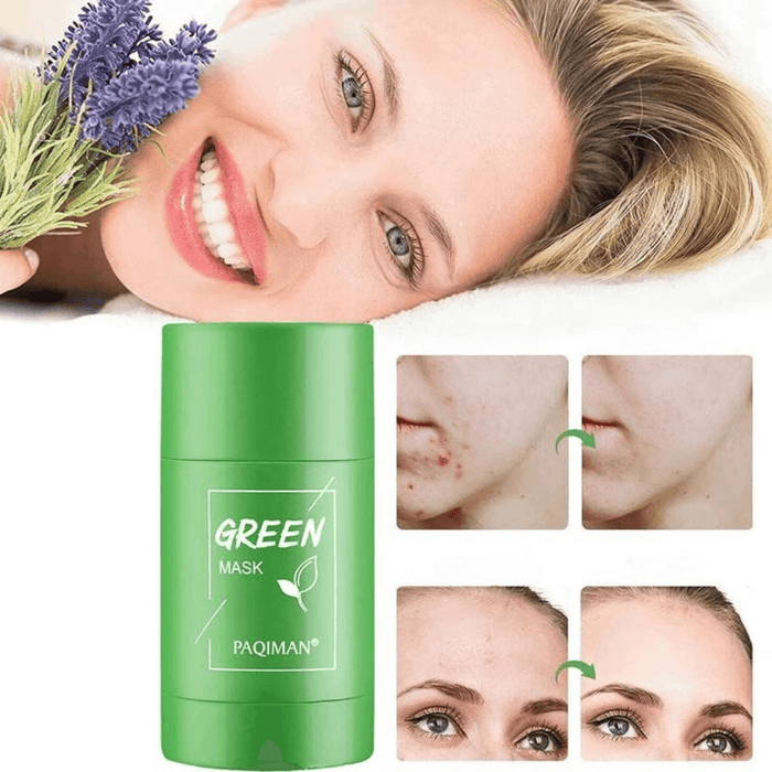 Green mask stick with images showing improved skin texture and reduced acne.