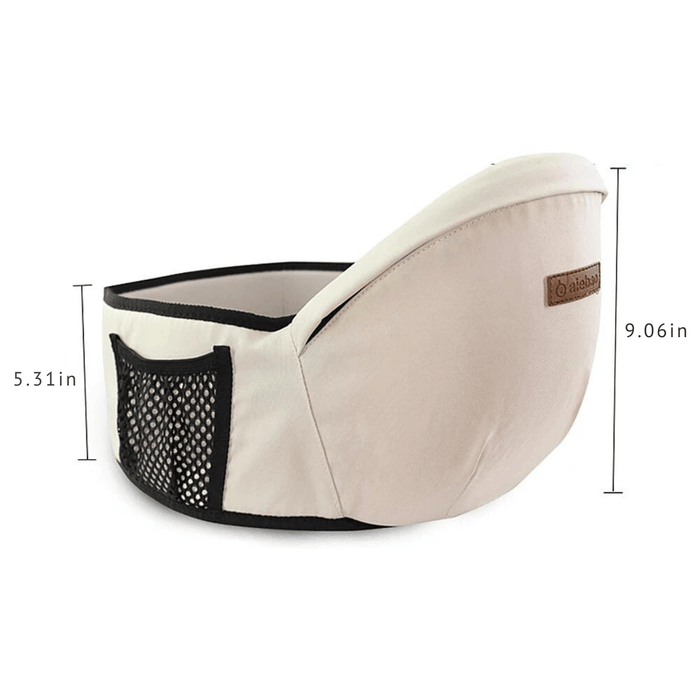 Cream-colored baby waist carrier with a black mesh pocket on the side. The carrier's dimensions are labeled, showing a height of 5.31 inches and a length of 9.06 inches.