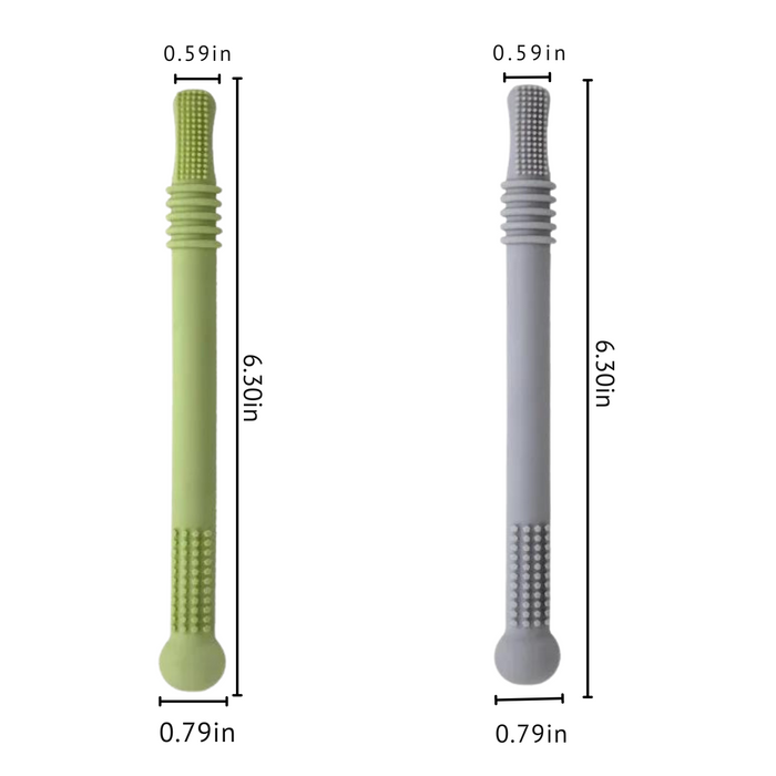 A size comparison of two silicone teething sticks, one green and one gray, each 6.30 inches long and 0.79 inches wide at the widest part.