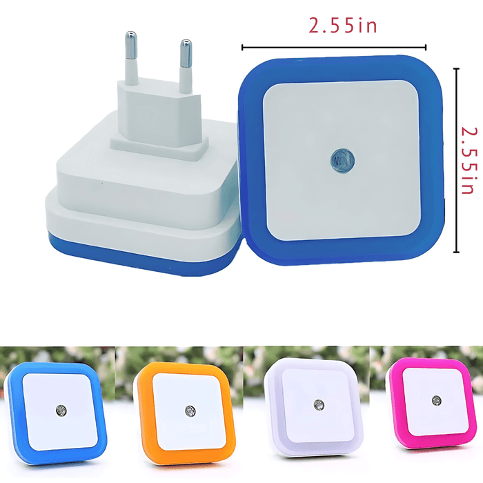 A square-shaped night light with a unique white and blue color scheme, measuring 2.55 inches in both width and height, accompanied by visuals of similar night lights in white, blue, pink, and orange.