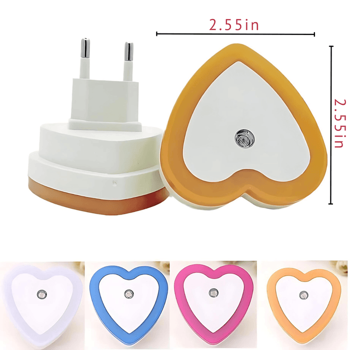 A heart-shaped night light with a unique white and orange color scheme, measuring 2.55 inches in both width and height, accompanied by visuals of similar night lights in white, blue, pink, and orange.