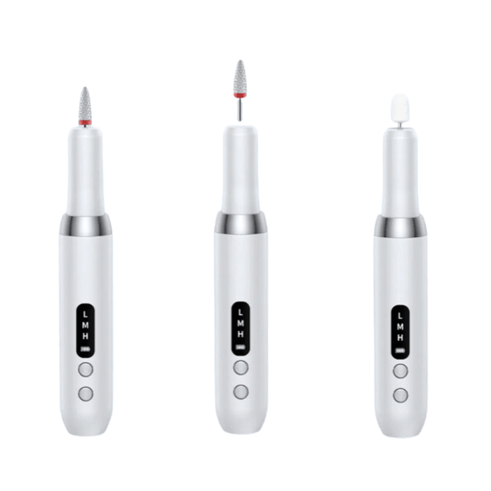 three white nail drills with different bits attached, showing the versatility of the tool for various nail care tasks.