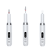 three white nail drills with different bits attached, showing the versatility of the tool for various nail care tasks.