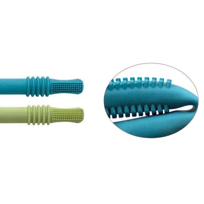 Close-up view of the textured ends of two silicone teething sticks, one blue and one green, with an inset showing a blue stick's textured side.