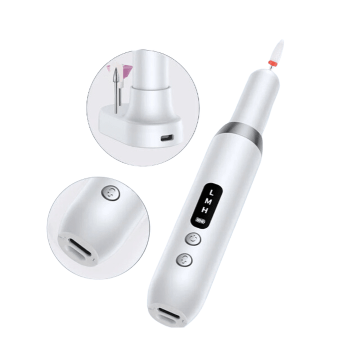 a white nail drill with an LED display for speed settings (L, M, H). Inset circles highlight the charging base and the USB charging port.