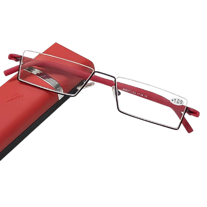 A pair of rectangular eyeglasses with thin, red frames and clear lenses is placed on a red eyeglass case. The background is white, highlighting the contrast between the red frames and the clear lenses.