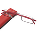 A pair of rectangular eyeglasses with thin, red frames and clear lenses is placed on a red eyeglass case. The background is white, highlighting the contrast between the red frames and the clear lenses.