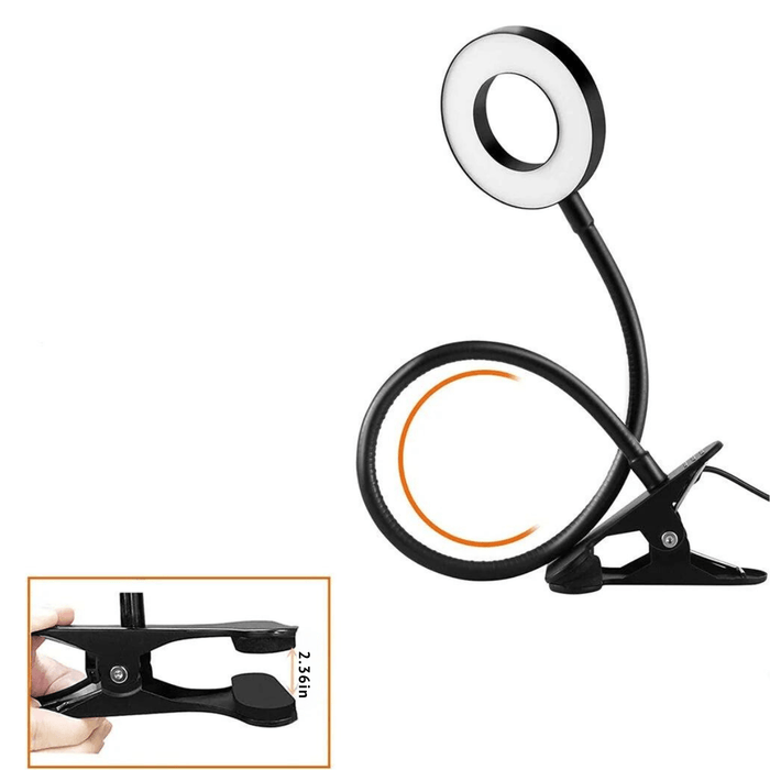 A flexible, black LED ring light with a circular lamp head attached to a sturdy clamp. The light is designed to be clipped onto various surfaces. An inset image shows a close-up of the clamp with a measurement of 2.36 inches.