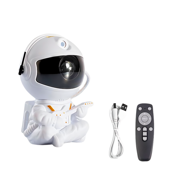 White astronaut figure sitting and holding an electric guitar, with a projector inside the helmet, accompanied by a USB cable and a remote control on a white background. This unique collectible is designed with a sleek white finish and a futuristic helmet.