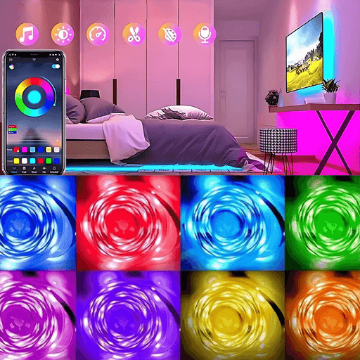 A bedroom with a bed and a TV mounted on the wall, both illuminated by colorful LED strip lights. Icons above the bed indicate features like music sync and color settings. Below, images of LED lights in various colors (red, blue, green, purple, yellow, orange) create a vibrant display.