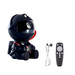 Black astronaut figure sitting and holding a plush star, with a projector inside the helmet, paired with a USB cable and a remote control on a white background. The robot is characterized by its clean black and red color scheme and a soft, friendly design, suitable for a light and modern décor.