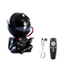 Black astronaut figure sitting and holding an electric guitar, with a projector inside the helmet, accompanied by a USB cable and a remote control on a white background. This unique collectible is designed with a sleek black finish and a futuristic helmet.