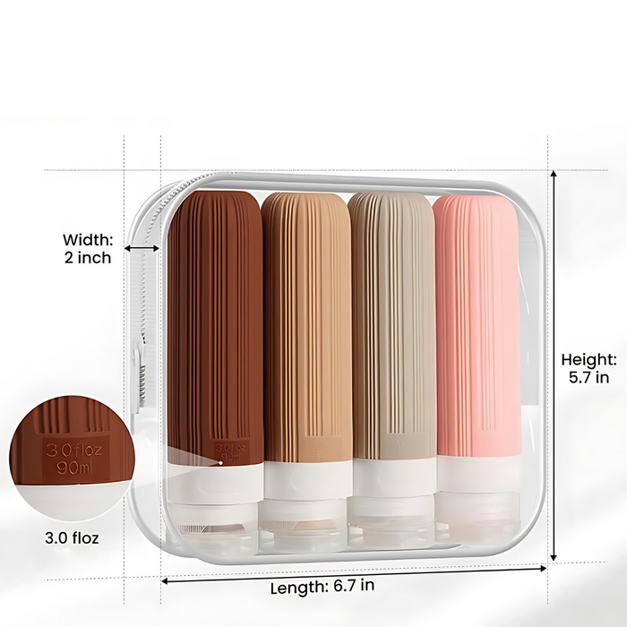 Transparent travel case featuring a set of four ribbed travel bottles in shades of brown, beige, and pink, each holding 3 fl oz. The case measures 6.7 inches in length, 2 inches in width, and 5.7 inches in height, providing a compact and efficient solution for carrying liquids securely during travel.