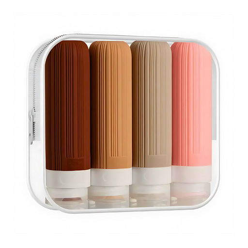 Compact and stylish travel bottles neatly organized in a transparent travel case. The case contains four silicone bottles in shades of brown, beige, and pink. This portable set is ideal for organizing essential toiletries and liquids for on-the-go convenience.