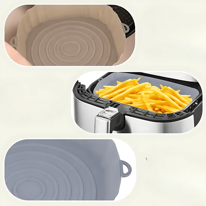 A collage showing three different images of silicone air fryer liners. The first image depicts an empty beige silicone liner inside an air fryer. The second image shows an air fryer basket filled with french fries placed on a gray silicone liner. The third image shows an empty gray silicone liner.