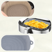 A collage showing three different images of silicone air fryer liners. The first image depicts an empty beige silicone liner inside an air fryer. The second image shows an air fryer basket filled with french fries placed on a gray silicone liner. The third image shows an empty gray silicone liner.