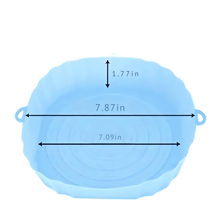 A blue silicone air fryer liner with measurements displayed. The dimensions are marked as follows: Width: 7.87 inches Depth: 1.77 inches Base width: 7.09 inches The liner has handles on both sides and a spiral design at the bottom.