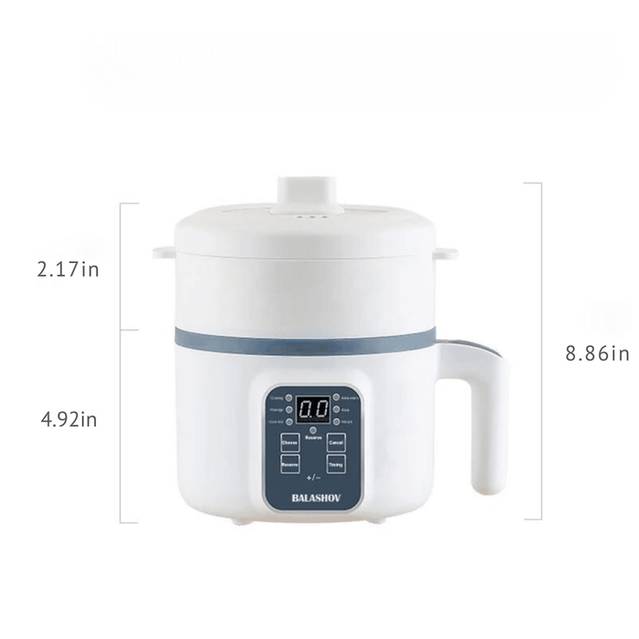 A white multi-functional cooker with digital controls and a handle, showing dimensions of 8.86 inches in height, 4.92 inches in width, and 2.17 inches for the lid.