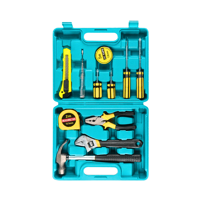 a teal plastic carrying case containing a set of hand tools. The kit includes a hammer, pliers, screwdrivers, a utility knife, and a measuring tape, all arranged neatly within the case.