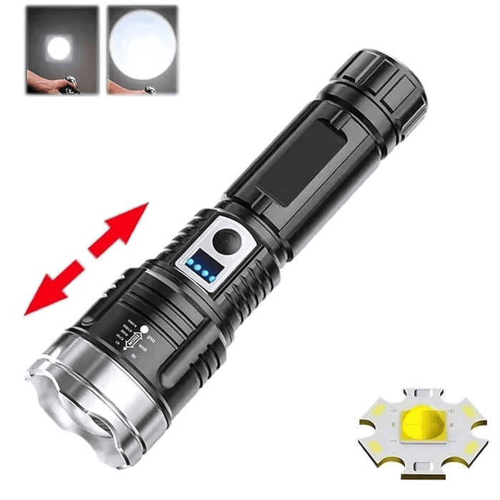 A black flashlight with a zoom function, but with a yellow LED bulb component. It highlights the versatility of the flashlight in different lighting conditions.