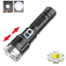 A black flashlight with a zoom function, but with a yellow LED bulb component. It highlights the versatility of the flashlight in different lighting conditions.