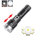 A black flashlight with a zoom function, showing its beam focus capability. The flashlight is designed for powerful illumination, with a focus on the LED bulb component.