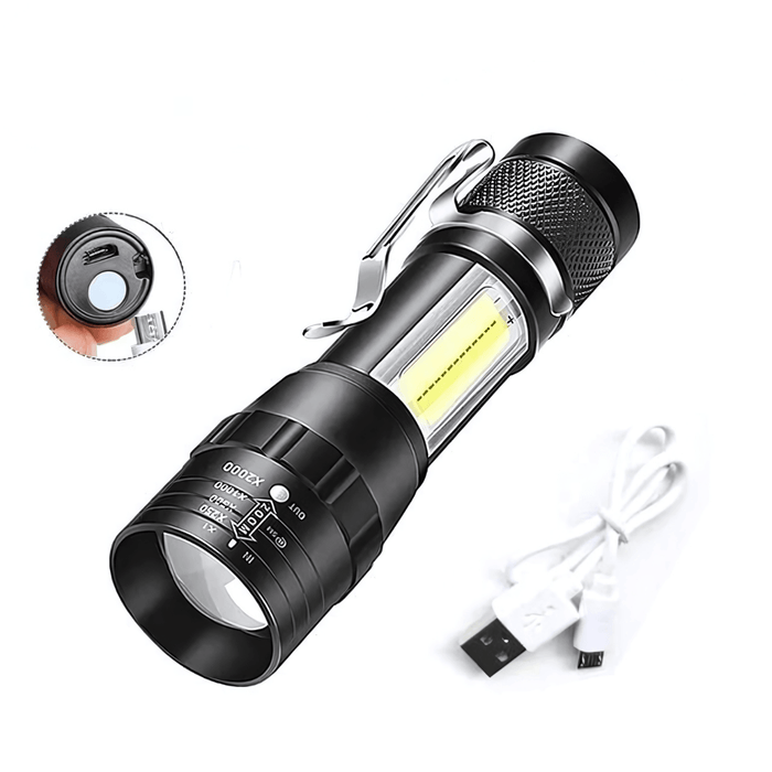 A compact, black LED flashlight with a clip for attachment. The flashlight is displayed along with a USB charging cable. A close-up inset highlights the charging port and button.