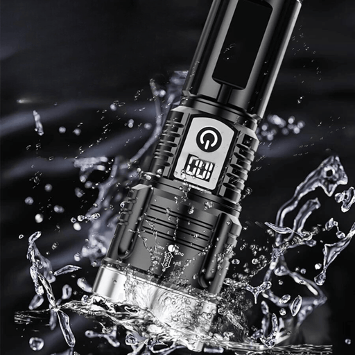 This image illustrates the flashlight's waterproof feature, submerged in water while still turned on, demonstrating its durability and suitability for outdoor use.