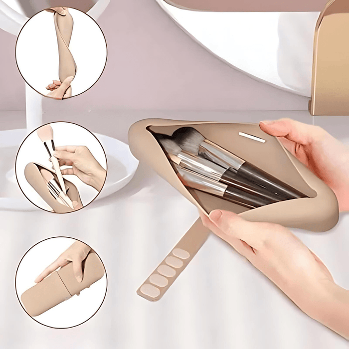 Hands holding an open cosmetic holder with cosmetics inside on a white oval background. On the left side there are three circles that show the use of the caustic holder when it is open, closed and stretched to show the flexibility of the holder.