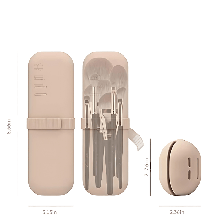 You can see the dimensions of the large cosmetic holder and also the dimensions of the small makeup sponge holder. Dimensions of the large holder: 8.66 inches long, and 3.15 inches wide. Dimensions of the small holder: 2.76 inches long, and 2.36 inches wide. Shown on a white background.