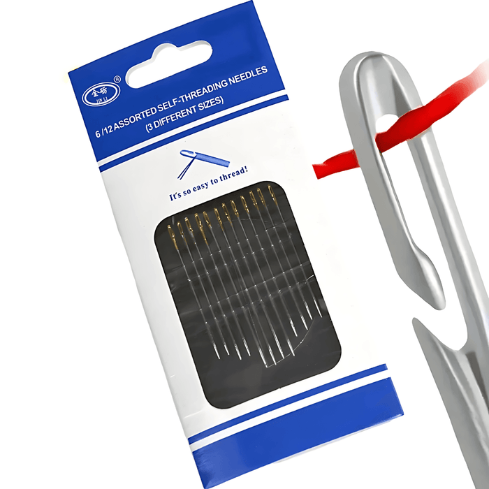 One package of Self-Threading Needles with a silver needle beside it.