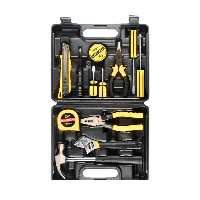 a black plastic carrying case with a comprehensive set of hand tools. The kit includes a hammer, pliers, screwdrivers, a utility knife, and a measuring tape, organized in their specific compartments.