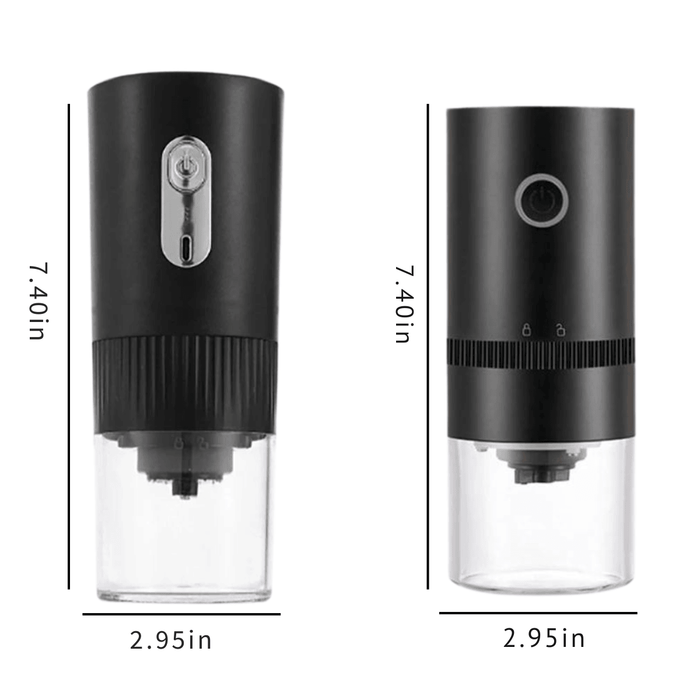 Grinder dimensions: 7.4 inches high, 2.95 inches in diameter. Two versions shown with different button placements.