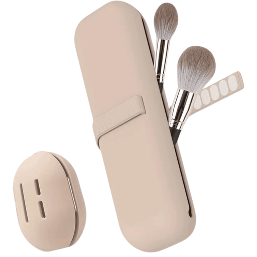 Beige cosmetics holder and make-up sponge holder. Ideal to keep the beauty on travels and trips. Display on white background.