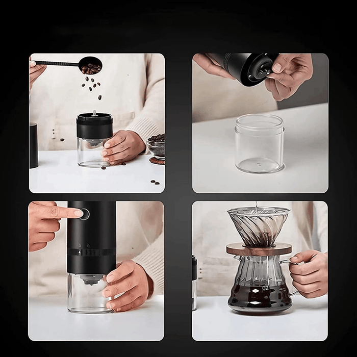 Steps of using the grinder: adding beans, assembling, operating, and pouring coffee.