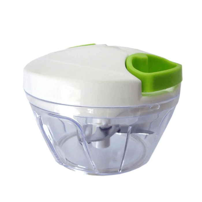 The mini chopper with a green handle and clear container.