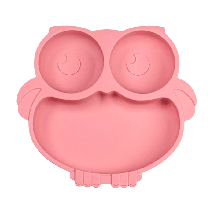 Adorable pink owl-shaped silicone plate designed for toddlers, featuring two small compartments for sides or dips and a larger main compartment for entrees. The playful owl design makes mealtime fun and engaging for young children.