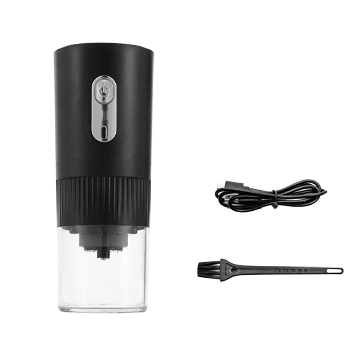 Grinder with rear power button, cleaning brush, and USB cable.