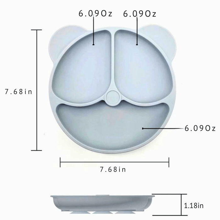 Soft gray silicone plate featuring a bear design, detailed with dimensions: 7.68 inches in width + height, and each compartment can hold up to 6.09 ounces. The plate’s depth is 1.18 inches, designed to keep food in place, making it ideal for toddlers learning to eat independently.