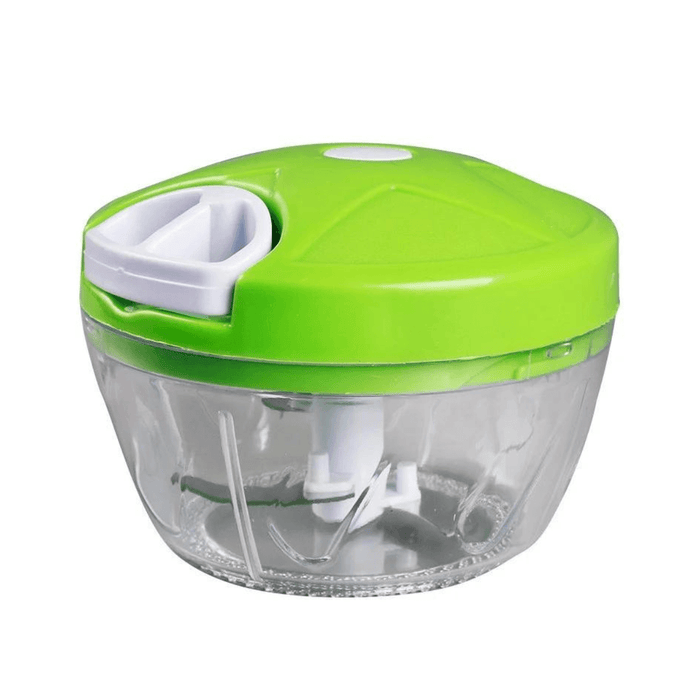 Mini green chopper with a white handle and clear container.