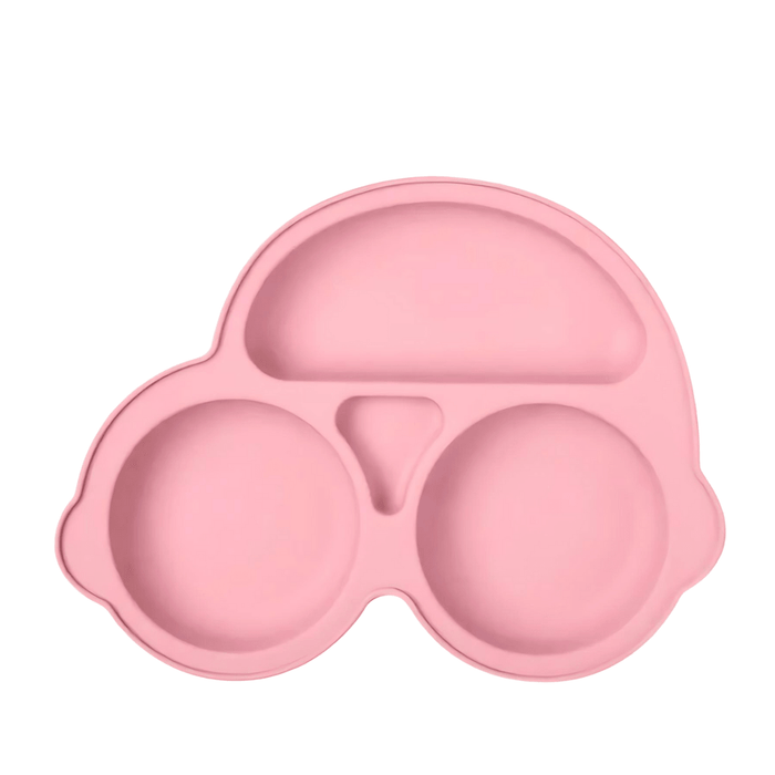 Pink silicone plate for children, featuring a car design with multiple compartments to separate food, enhancing the dining experience with its fun and functional vehicle shape.