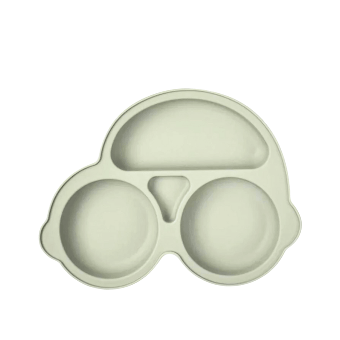 Gray silicone plate for children, featuring a car design with multiple compartments to separate food, enhancing the dining experience with its fun and functional vehicle shape.