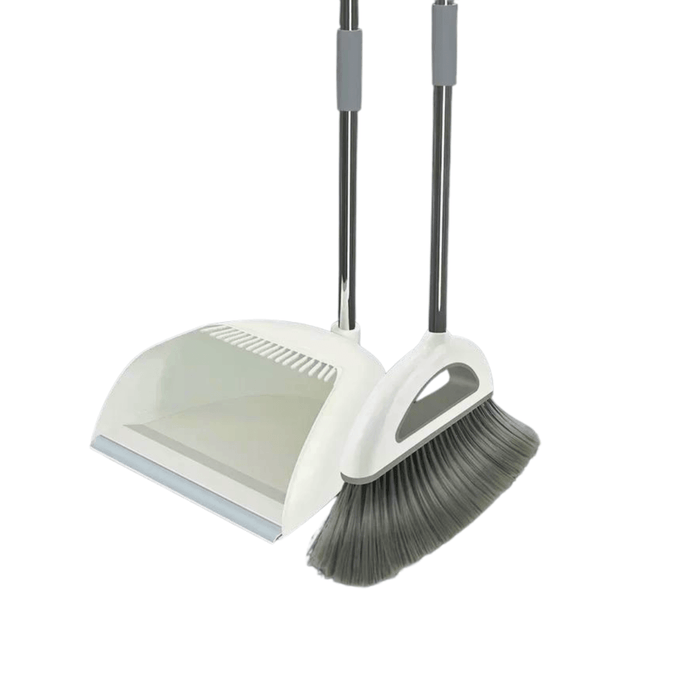 A white broom and dustpan set with a long handle. The broom has gray bristles, and the dustpan features a comb edge for cleaning the broom's bristles.