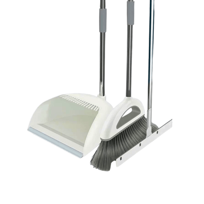 A white cleaning set that includes a broom, dustpan with comb edge, and a squeegee, all with long handles.