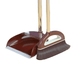 A brown broom and dustpan set with a long handle. The broom has gray bristles, and the dustpan features a comb edge for cleaning the broom's bristles.