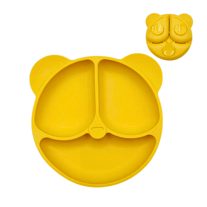 Charming yellow silicone plate for children, shaped like a bear's face with three compartments for separating food. This design adds a playful touch to mealtime, making it fun and appealing for kids.