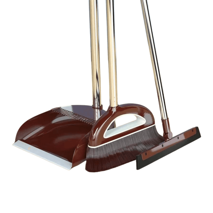 A dark brown cleaning set that includes a broom, dustpan with comb edge, and a squeegee, all with long handles.