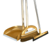 A gold cleaning set that includes a broom with brown bristles, a dustpan with a comb edge, and a squeegee, all with long handles.