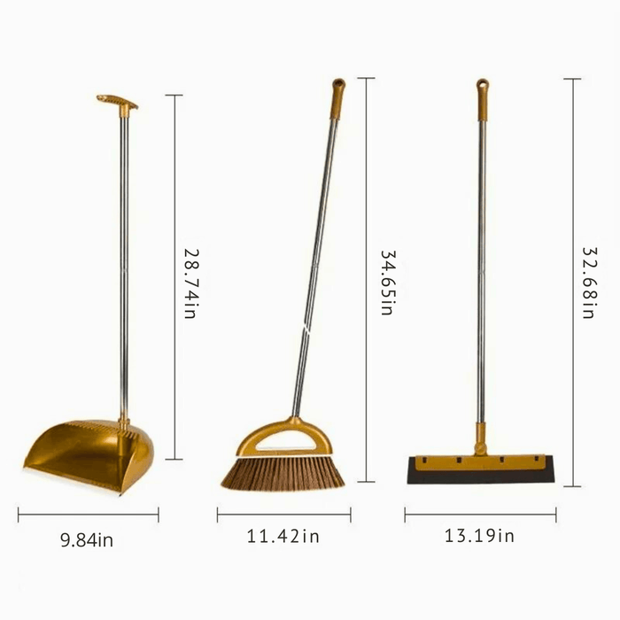 A set of cleaning tools displayed vertically with their dimensions labeled in inches. From left to right: a gold dustpan with a handle measuring 28.74 inches in height and 9.84 inches wide, a gold broom with a 34.65-inch handle and an 11.42-inch wide brush, and a gold floor squeegee with a 32.68-inch handle and a 13.19-inch wide blade.